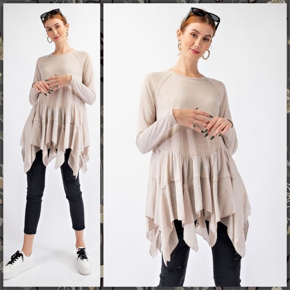 EASEL Long Sleeved Asymmetrical Ruffled Hem Lightweight Tunic Top - Picture 8 of 14